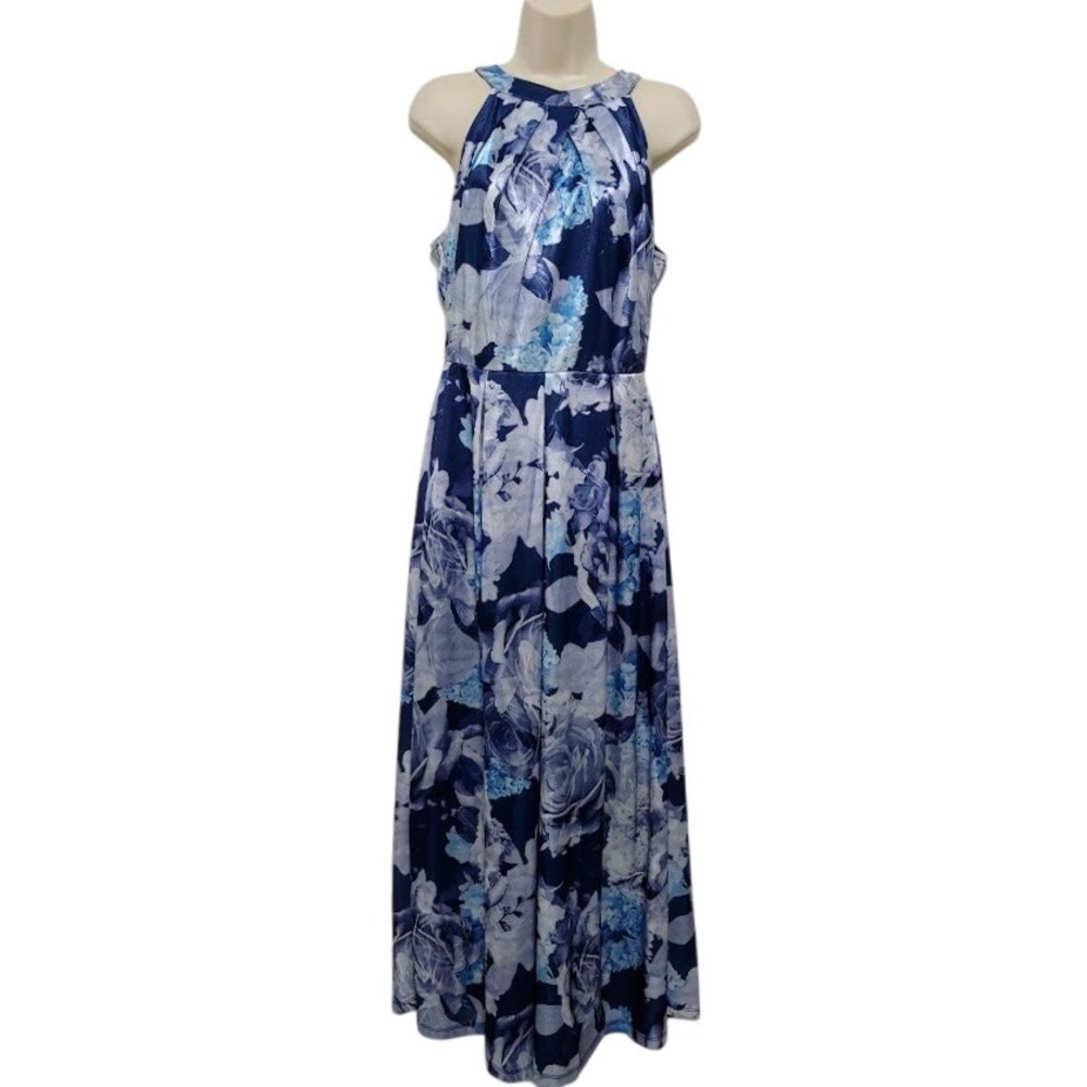 Womens Blue S Floral Pleated Sleeveless Formal Maxi Dress Elegant By Candalette - Picture 2 of 12